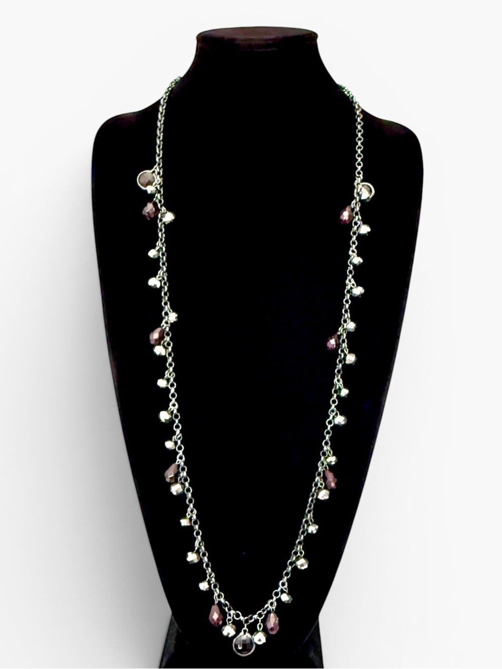 WHITE HOUSE BLACK MARKET NWT Long Iridescent Silver & Red Crystal Charm Necklace - Picture 7 of 9